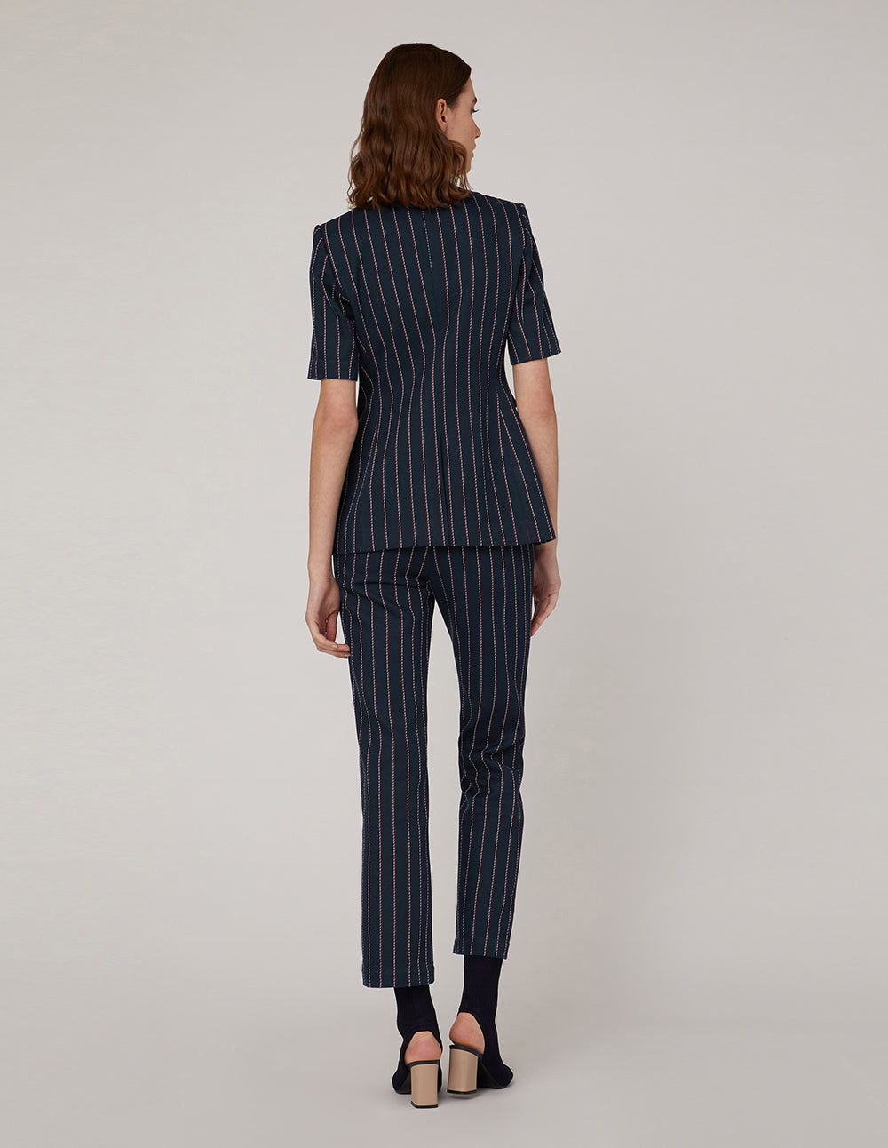 MARYLING Blue Striped Double Breasted Short Sleeve Jacket