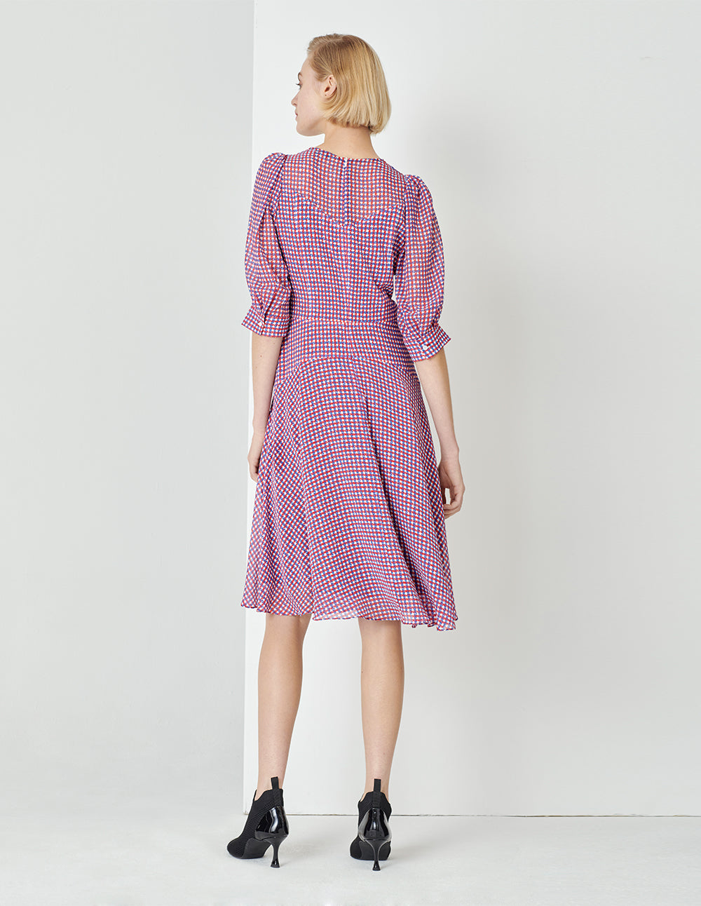 MARYLING Houndstooth Georgette Print Puff Sleeve Dress
