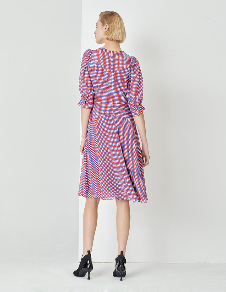 MARYLING Houndstooth Georgette Print Puff Sleeve Dress