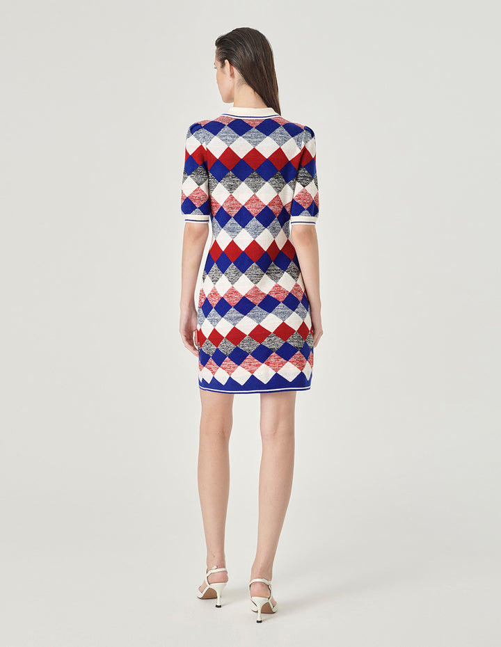 MARYLING Diamond Plaid Shirt Collar Knitted Dress
