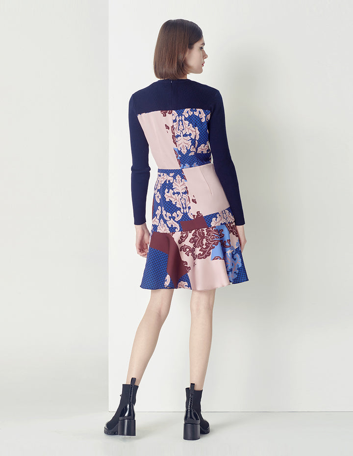 MARYLING Deep sea red flower V-neck knitted print dress