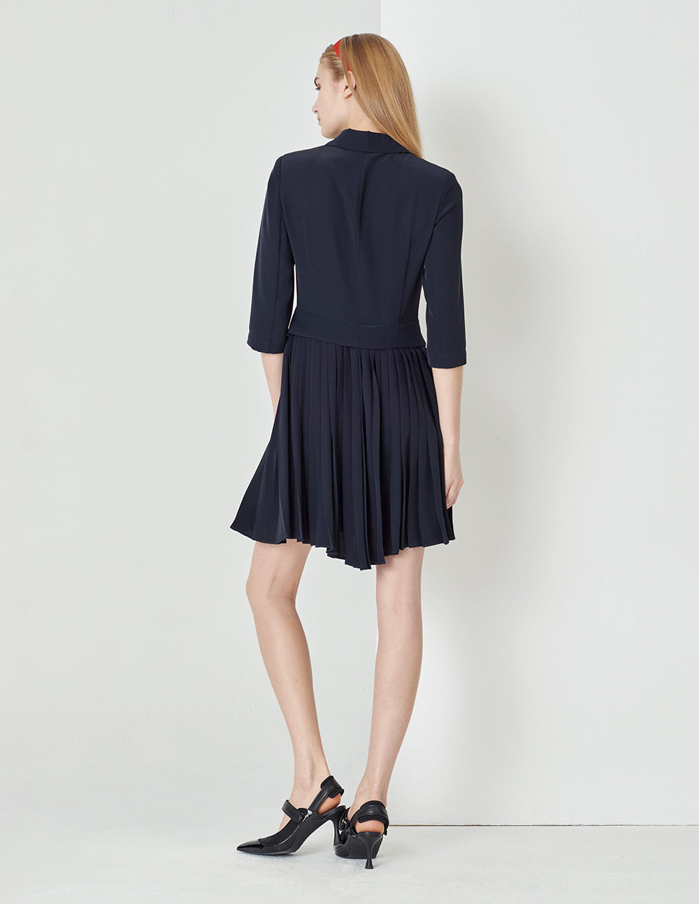 MARYLING Dark Blue Faux Two-Piece Suit Pleated Dress