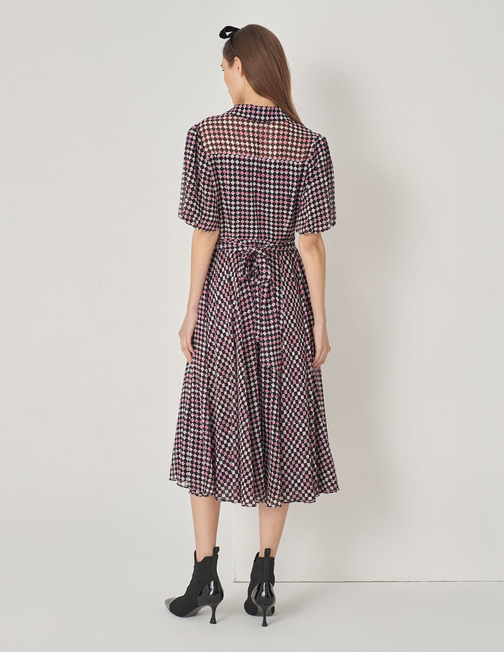 MARYLING Red Berry Plaid Shirt Collar Cross Tie Puff Sleeve Dress