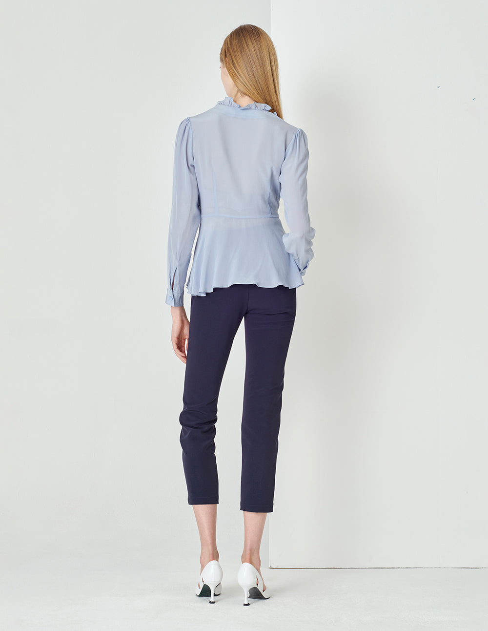 MARYLING Foggy blue silk crepe de chine V-neck shirt