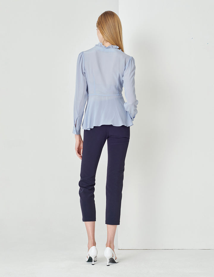 MARYLING Foggy blue silk crepe de chine V-neck shirt