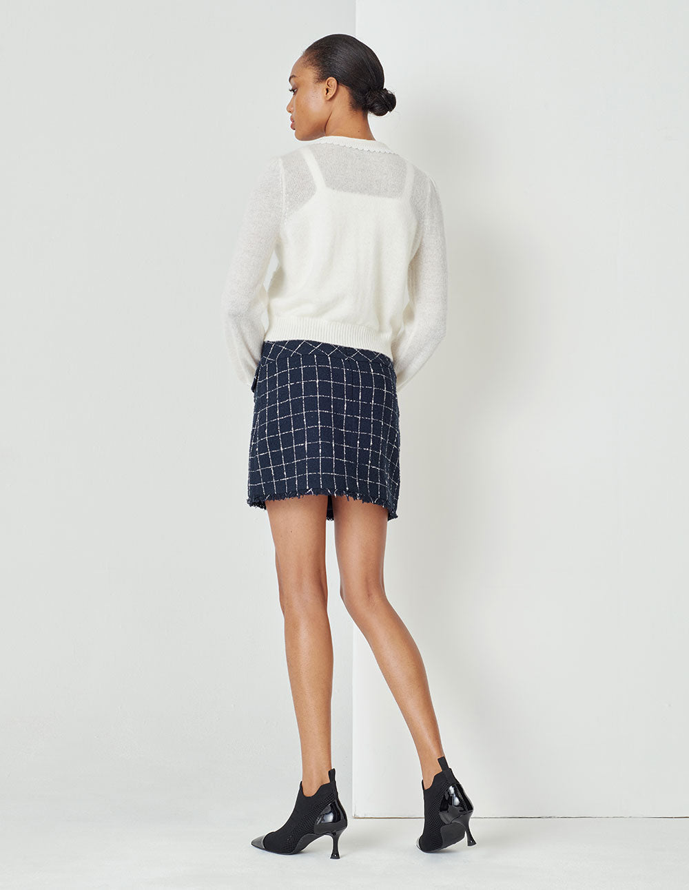 MARYLING A-Shape Plaid Mini Skirt In Tweed With Two Side Pockets Tassel