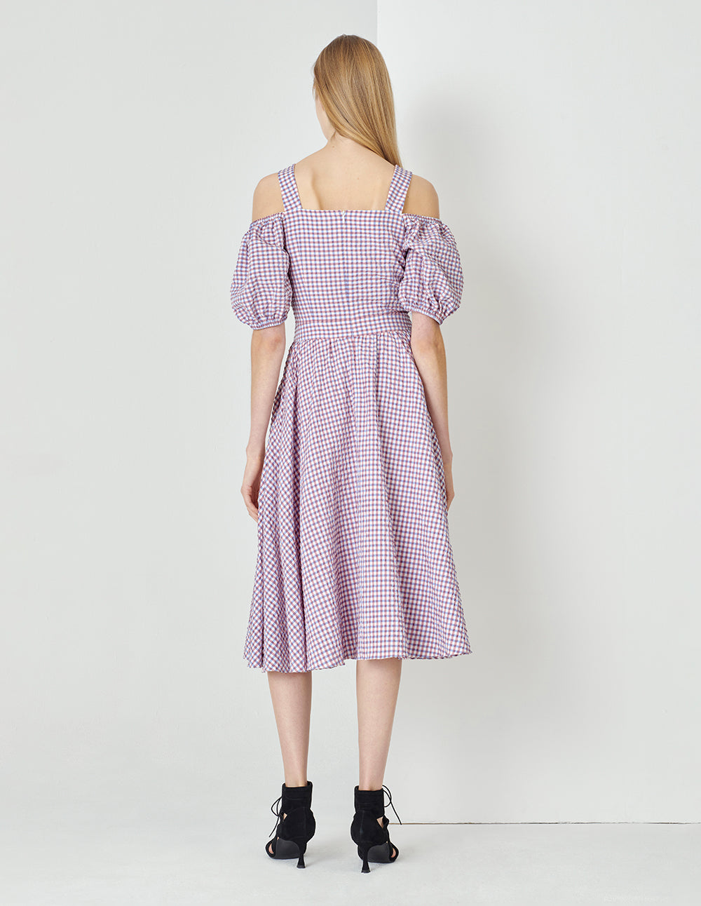 MARYLING Light Purple Checkered V-Neck Puff Sleeves Bowknot Decorated Dress