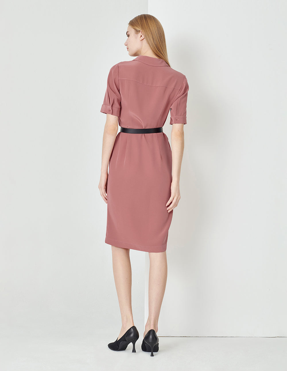 MARYLING Shirt Collar Pleated Straight Slit Dress