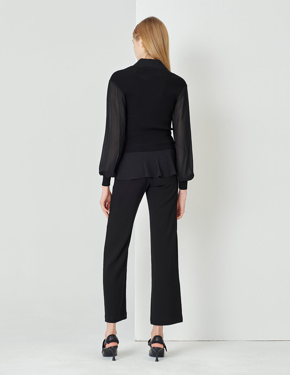 MARYLING  Classic Black Shirt Collar A Line Knitted Top