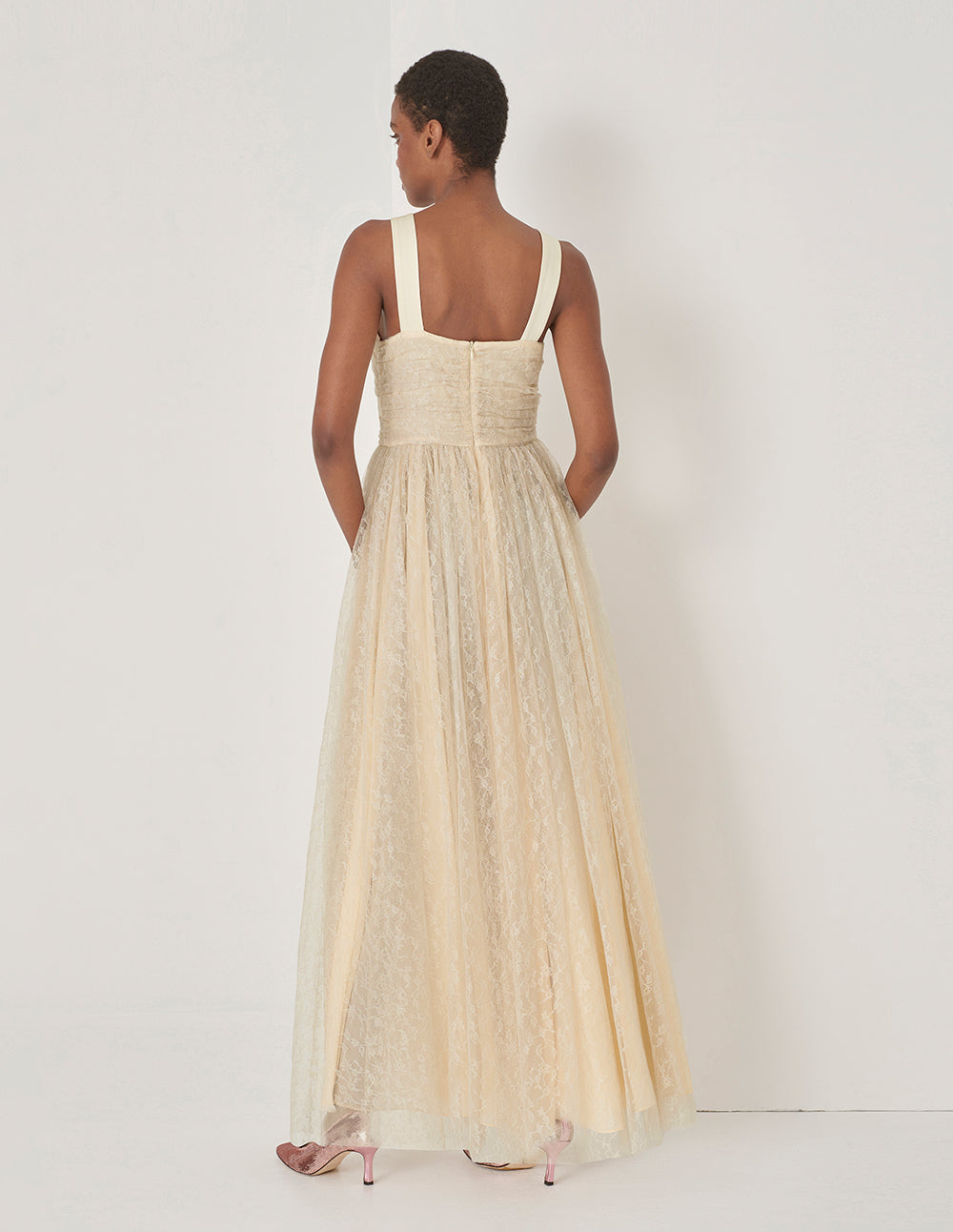 MARYLING Champagne V-Neck Lace Gown Dress