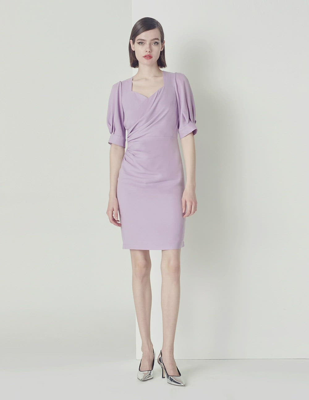 MARYLING V-Neck Puffed Sleeves Gathered Dress