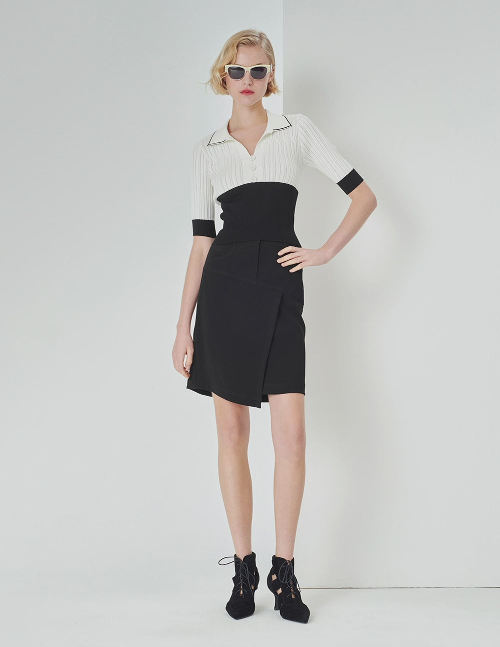MARYLING Black Asymmetric Hem Pencil Skirt