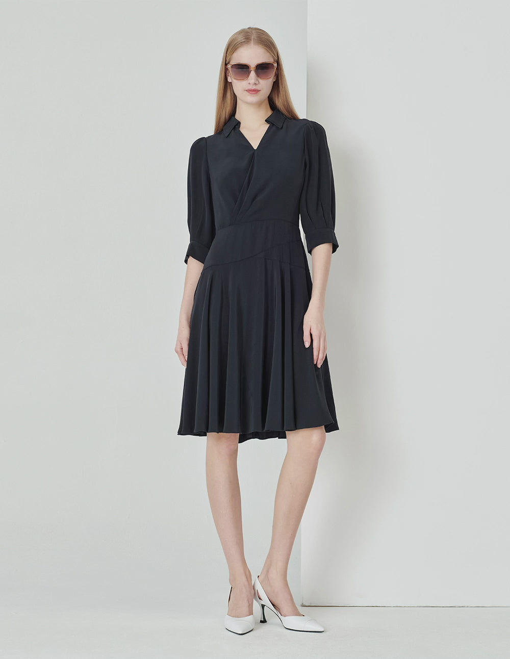 MARYLING Midnight Blue Pleated Mid-Sleeve Dress