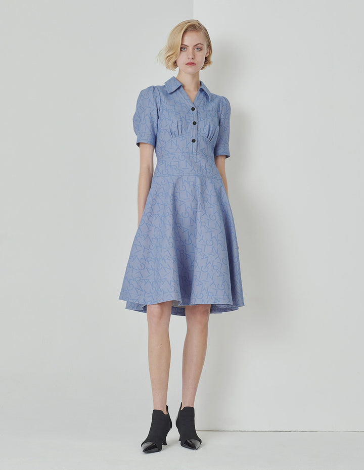 MARYLING V-Neck Puff Short-Sleeved High Waistline Blue Denim Shirt Dress