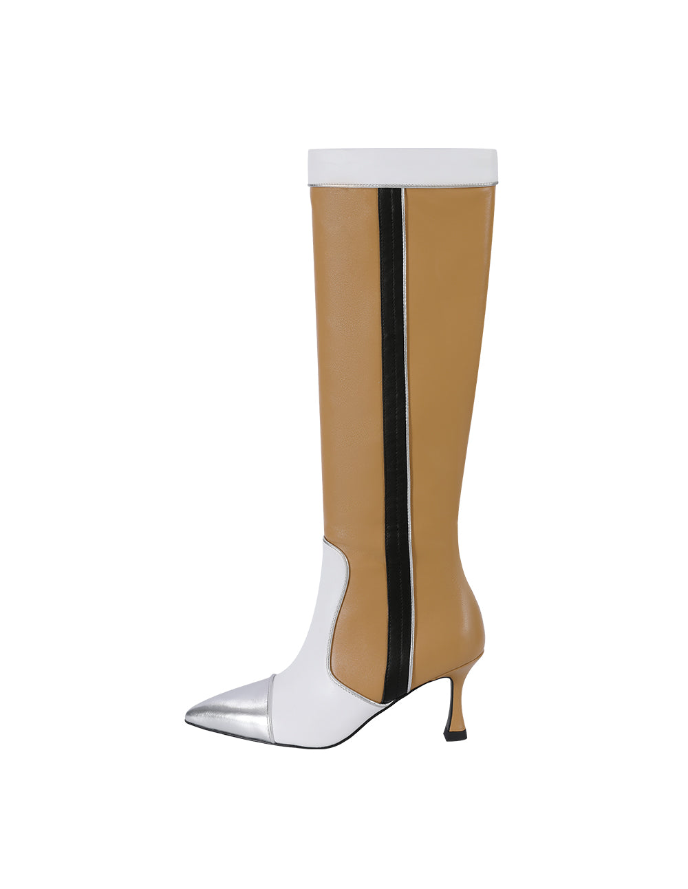 MARYLING Black And Beige Colour Matching Pointed Toe Stiletto Heeled Sheepskin Boots