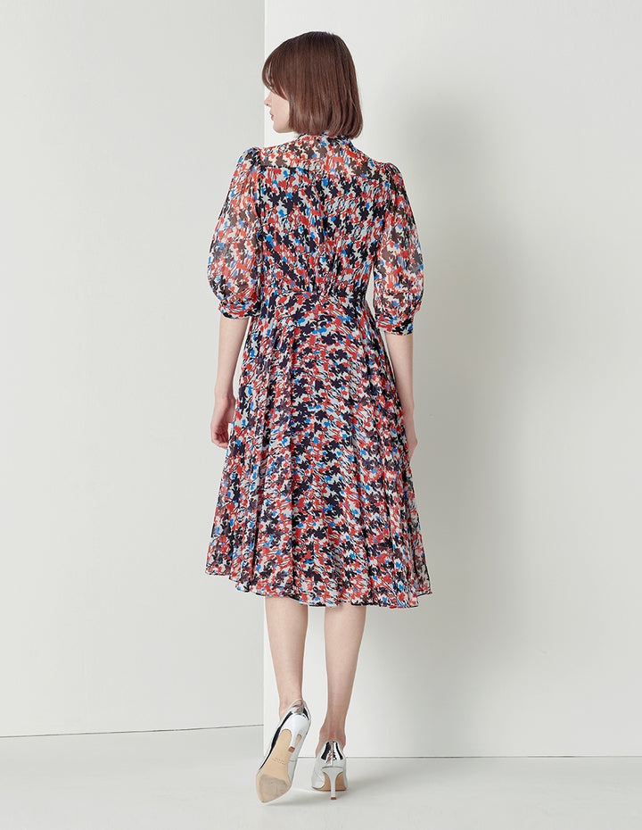 MARYLING V-Neck Tie Puffed Sleeves Print Dress