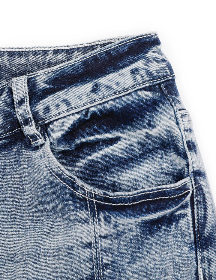 MARYLING Denim Blue Metal Decorative Buckle Skinny Denim Cropped Pants