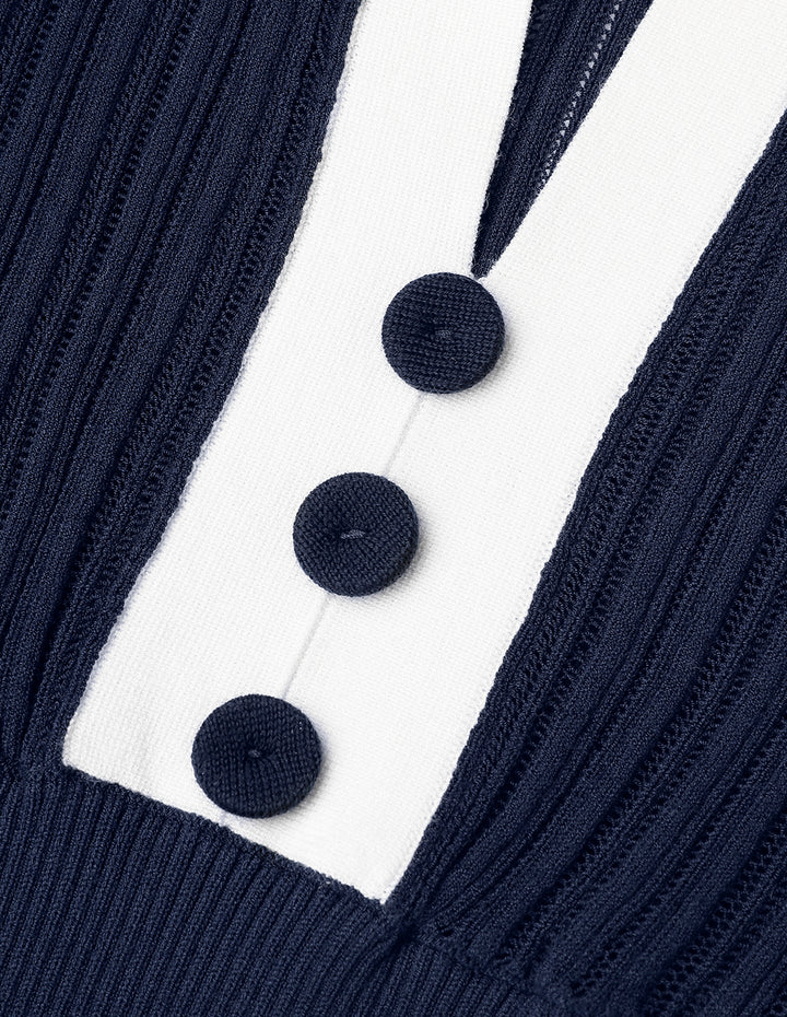 MARYLING Midnight Blue Polo Shirt Collar Colour block Knit Sweatshirt