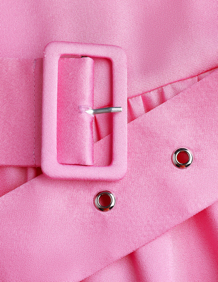 MARYLING Peach Pink Square Neck Bubble Sleeve Belted Dress