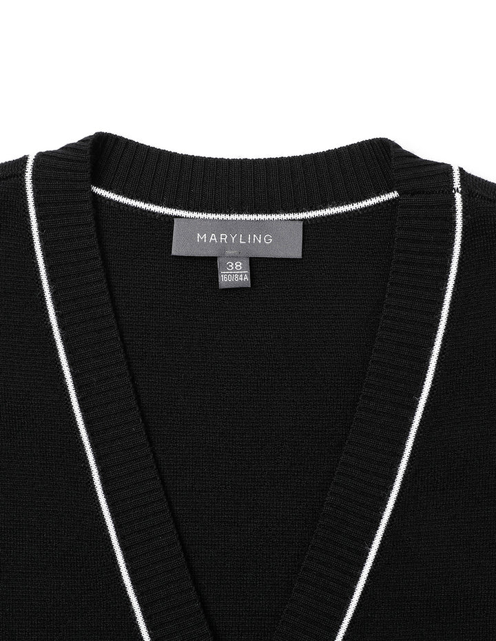 MARYLING Black Lapel Short Puff Sleeve Double-Breasted Knitted Cardigan