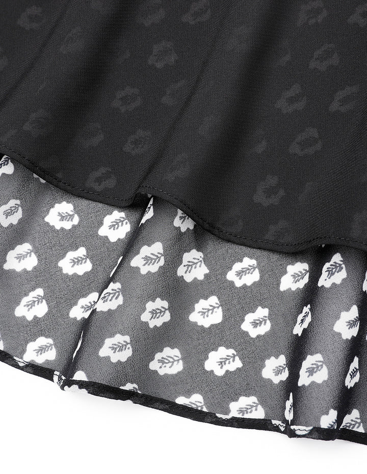 MARYLING Black And White Forest V-Neck Pinched Puff Sleeve Dress