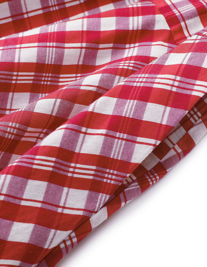 MARYLING Rose pink plaid suit collar puff sleeves plaid dress