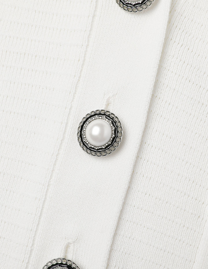 MARYLING Off-White V-Neck Pearl Button Short-Sleeved Knitted Cardigan