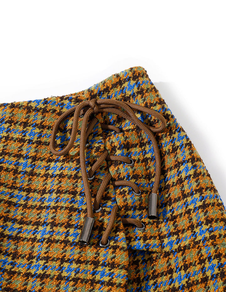 MARYLING Blue camel plaid wearing rope mini small A skirt