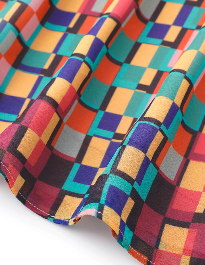 MARYLING Colourful Checkered Bubble Sleeve Printed Dress