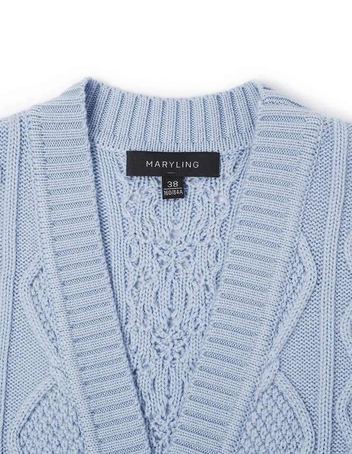 MARYLING Foggy Blue V-Neck Tied Waist Double Bag Knitted Cardigan