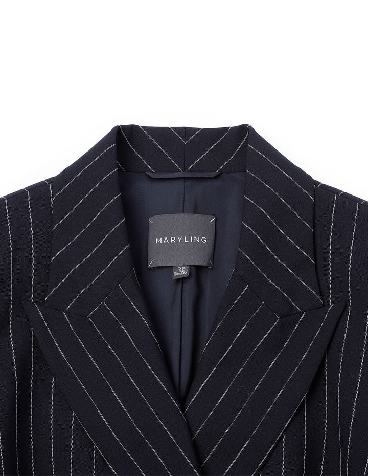 MARYLING  Blue Bottom White Striped Lapel Wrap Detail Striped Suit Jacket
