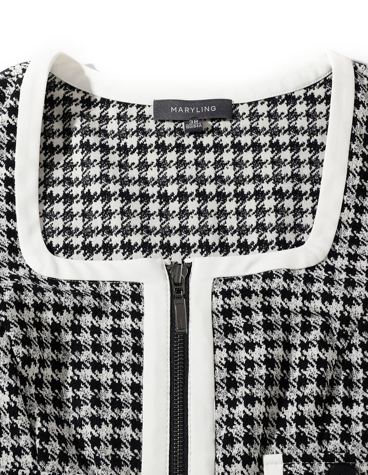 MARYLING Black and white houndstooth contrast color fringe dress