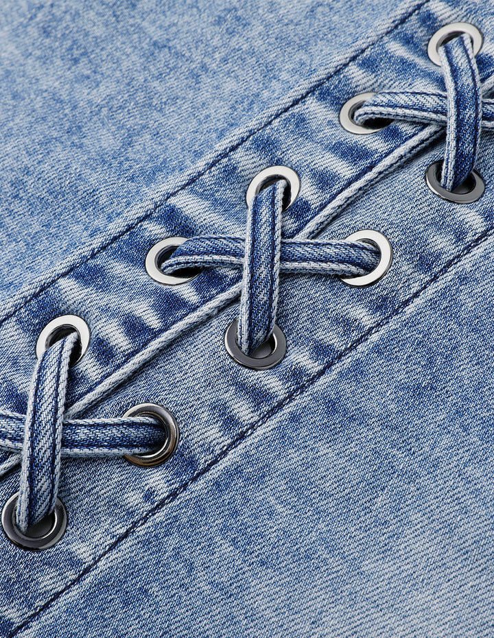 MARYLING Denim Blue Asymmetric Lace-Up Denim Skirt