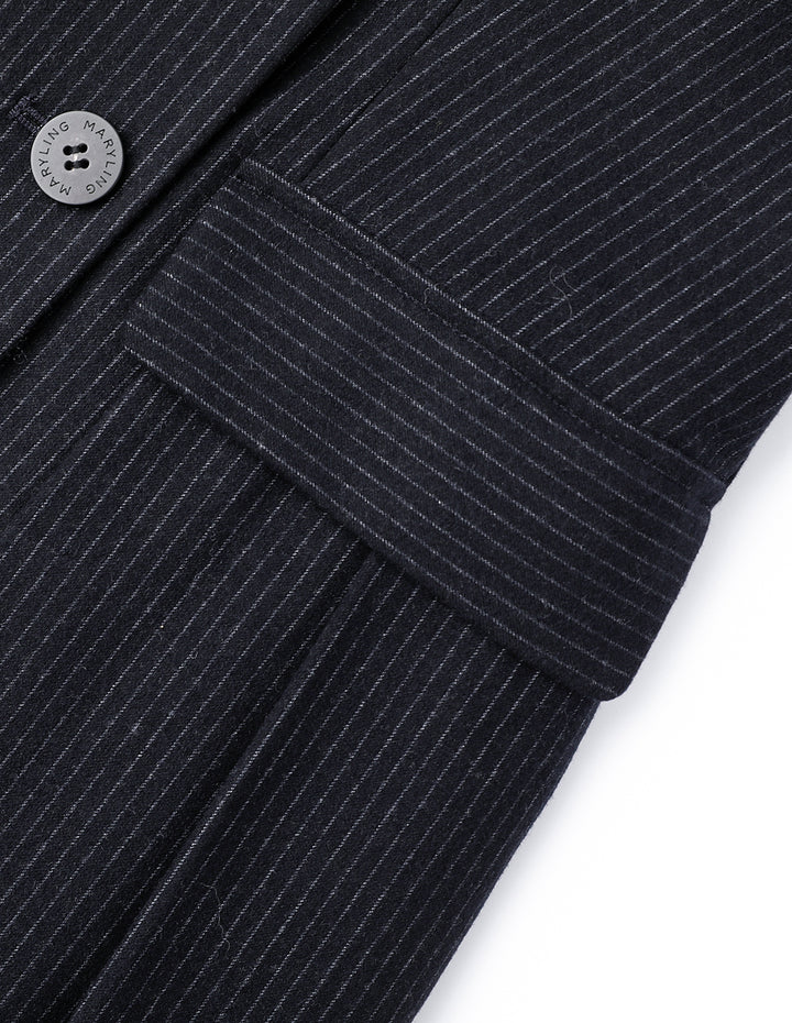 Maryling Navy Striped Double-Breasted Button-Down Dress With Pointed Collar