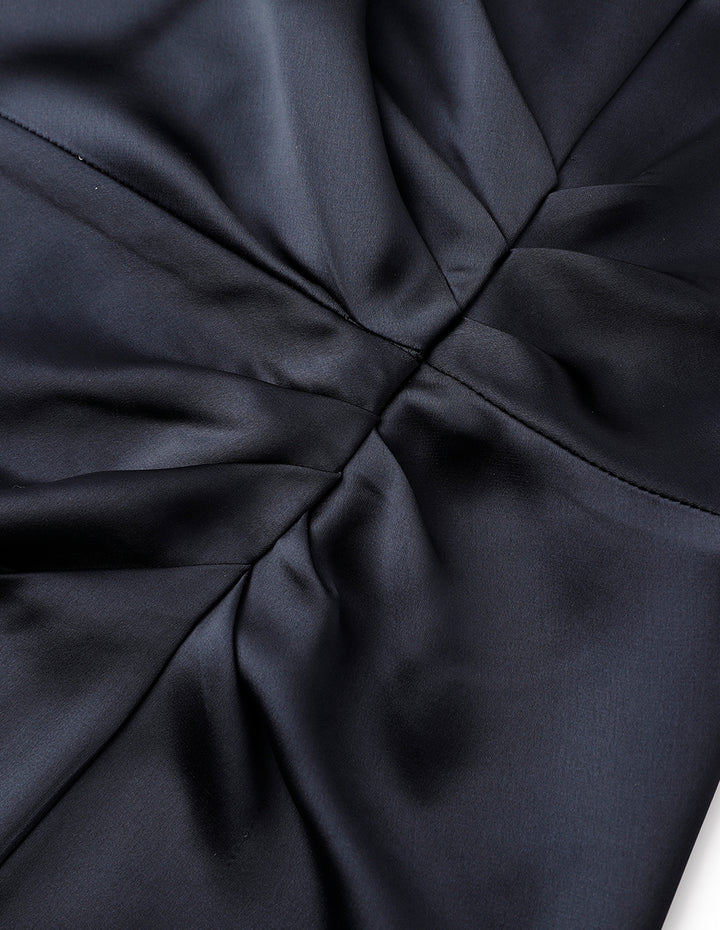 MARYLING Dark Blue Pleated Slit Straight Slip Dress