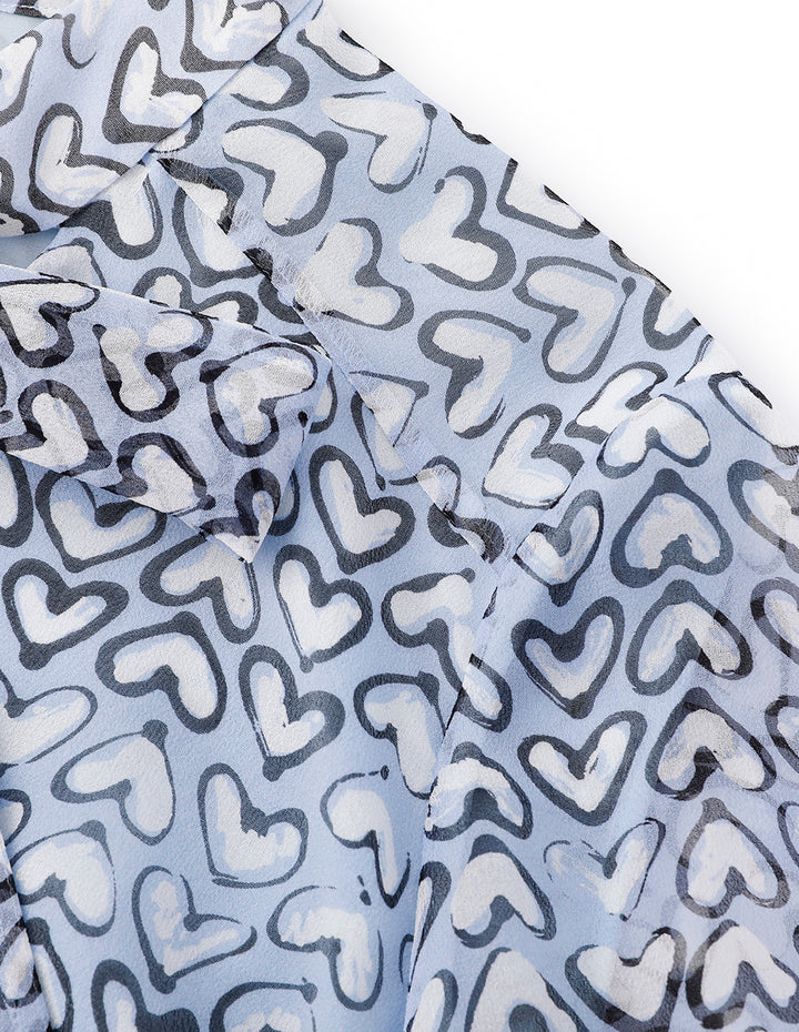 MARYLING Blue Heart-Shaped Pattern Tie Bow Print Top
