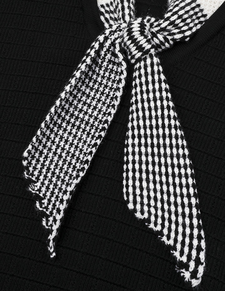 MARYLING Black And White Tie Design Knitted Short-Sleeved Pullover