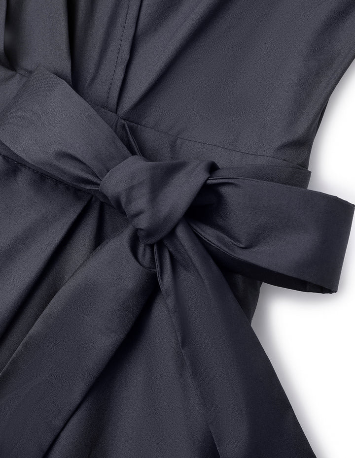 MARYLING Midnight Blue Shirt Neck V-Shaped Overlap Knotted Navy Dress