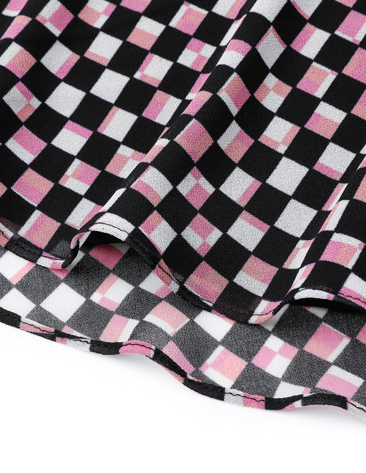 MARYLING Red Berry Plaid Shirt Collar Cross Tie Puff Sleeve Dress