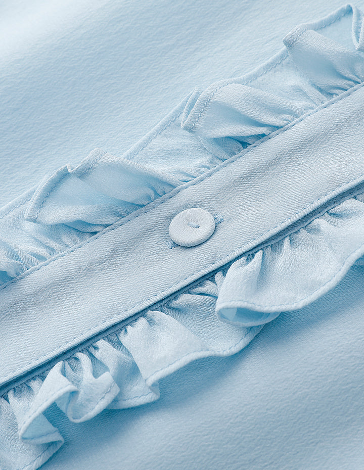 MARYLING Ice Blue Small Stand Collar Three Quarter Sleeve Shirt With Wooden Ears