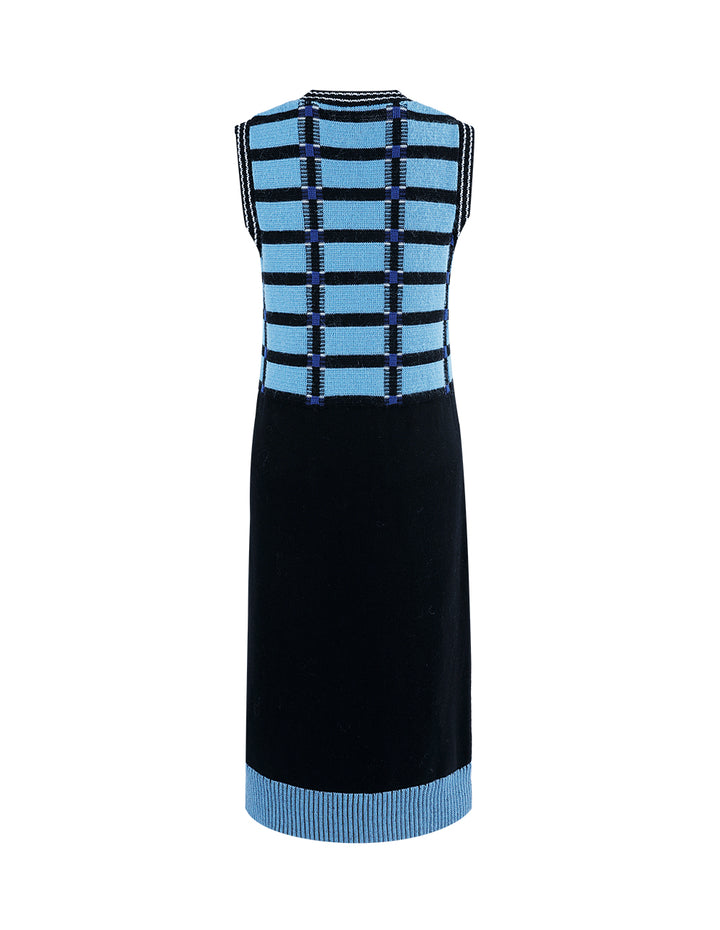 MARYLING Crew Neck Sleeveless Check Knitted Dress