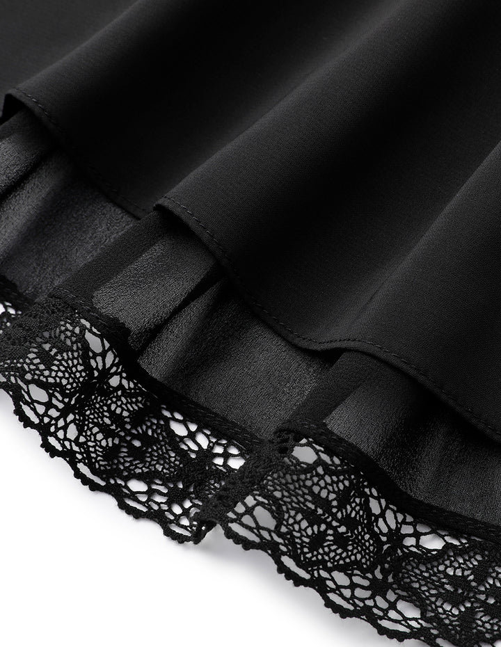 MARYLING Black V-Neck Bell Sleeve Lace Trim Georgette Dress