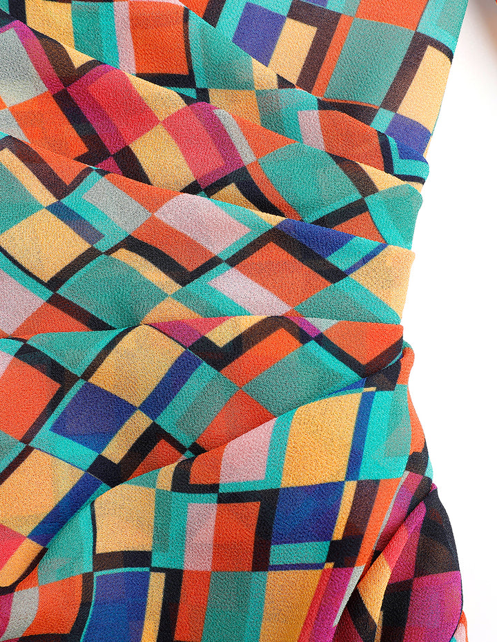 MARYLING Colourful Checkered Ruffle Detail Bubble Sleeve Printed Dress