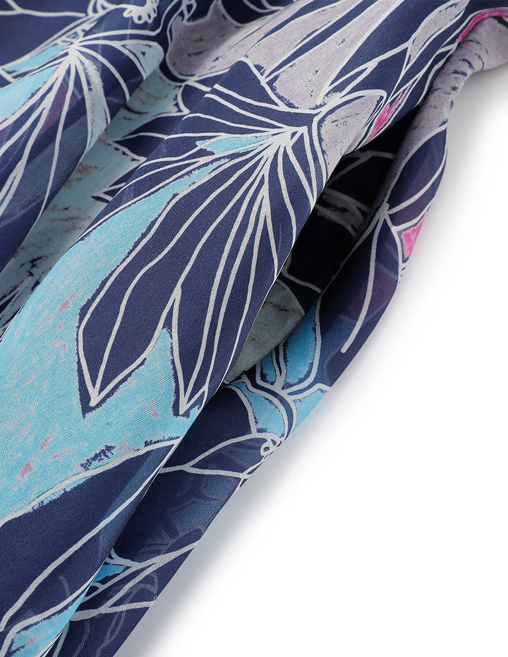 MARYLING V-Neck Semi-Transparent Puff Sleeves Pleated Print Flower Dress