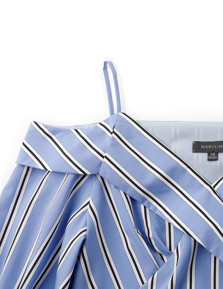 MARYLING Blue And White Striped Off-Shoulder Lapel Detail Striped Dress