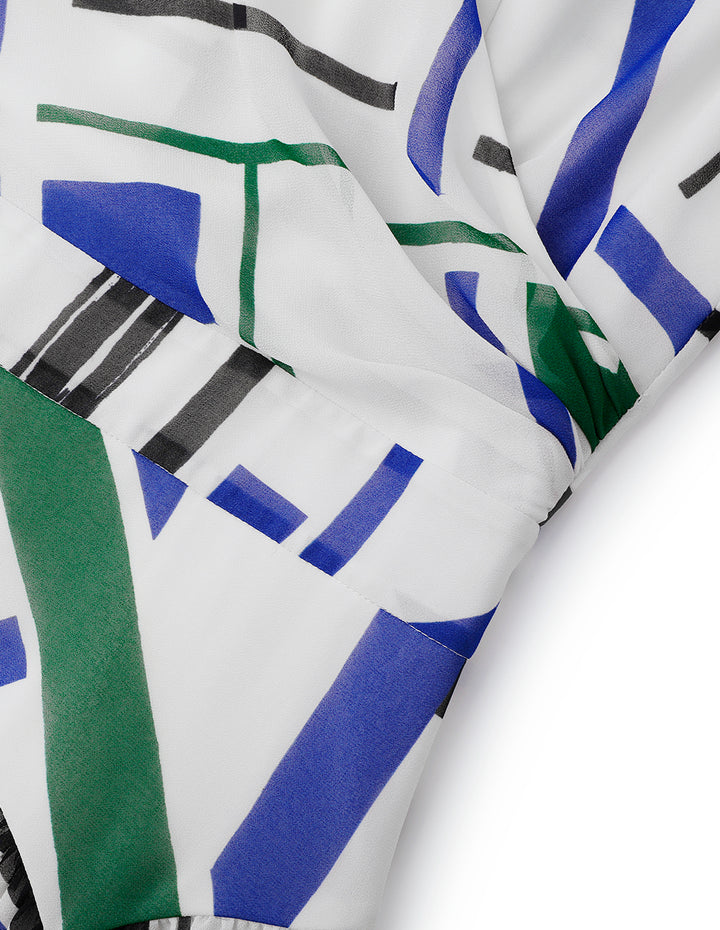 MARYLING Blue And White Geometric Art Print V-Neck Dress