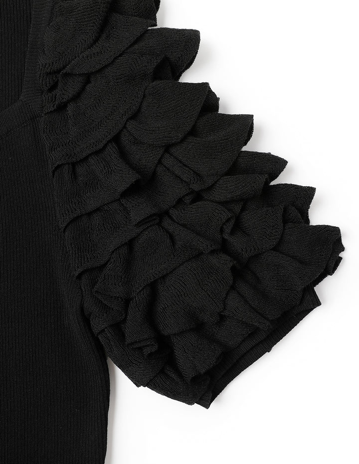 MARYLING Black Ruffle Sleeve Short Top