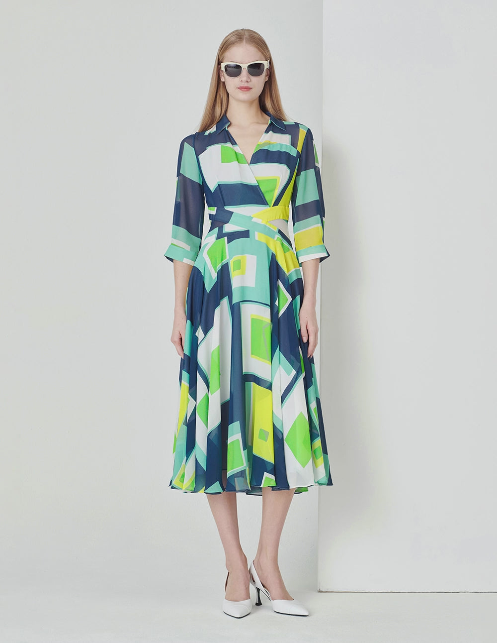 MARYLING Colourful Holiday Puzzle Art Plaid V-Neck Big Swing Georgette Dress