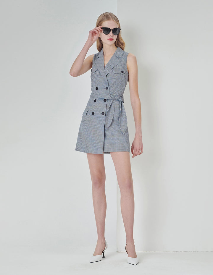 MARYLING Blue And White Grid Houndstooth Contrast Button A-Line Skirt