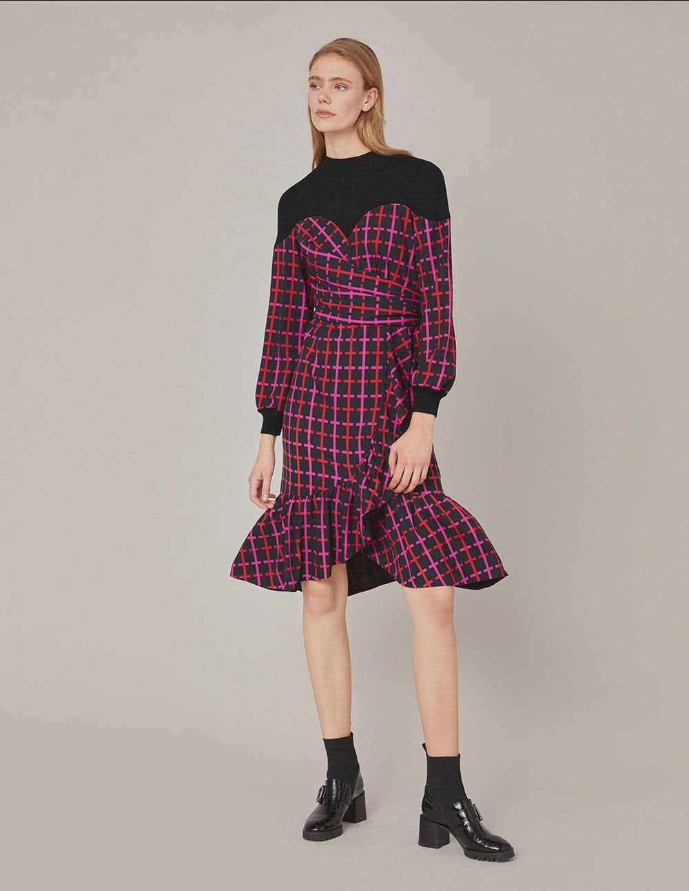 MARYLING Contrast Knit Spliced Checked Print Ruffle Dress